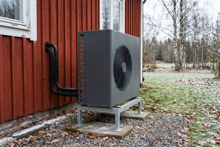 En värmepump utanför ett rött hus