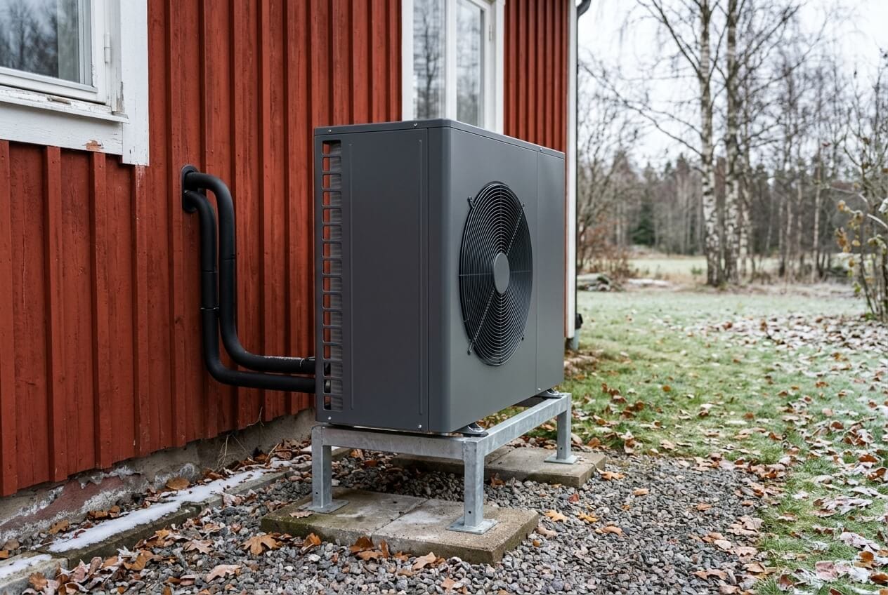En värmepump utanför ett rött hus